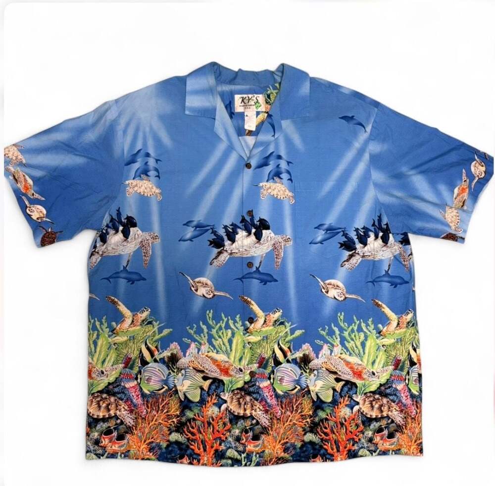 Ky's Hawaiian Shirt Turtles Fish Reef Ocean Blue Size Medium XXL Button Up USA